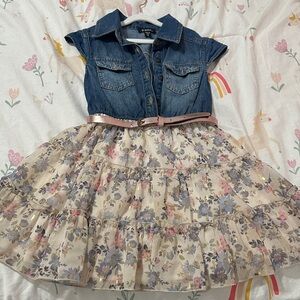 Zunie Denim and Floral Kids Dress with Pink Belt